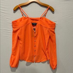 Bebe Women's Vibrant Orange Button-Down Off the Shoulder Blouse